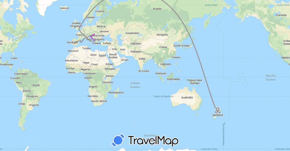 TravelMap itinerary: driving, plane, train in Albania, Spain, France, United Kingdom, Croatia, Hungary, Italy, New Zealand, Portugal (Europe, Oceania)